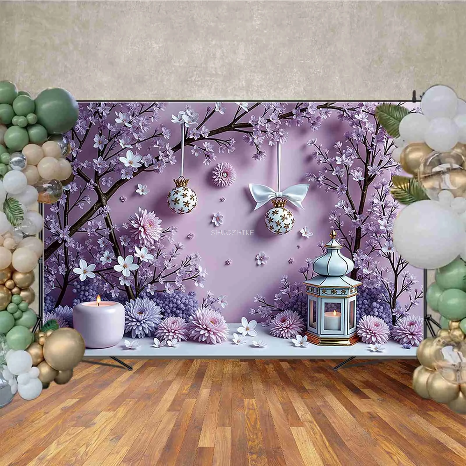 สาวบอลลูนแขวนดอกไม้วันเกิด Photocall ฉากหลังผีเสื้อสีม่วงฤดูใบไม้ผลิ Fairy Forest การถ่ายภาพพื้นหลัง