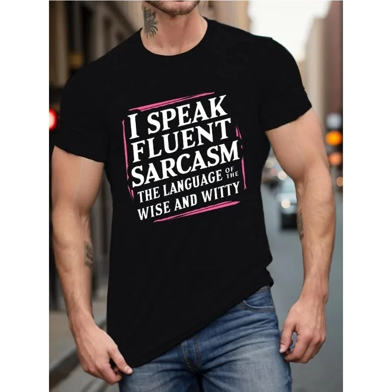 Plus Size Men's 'I Speak Fluent Sarcasm' Graphic Tee - Casual Short Sleeve T-Shirt for Daily Wear, Breathable Polyester