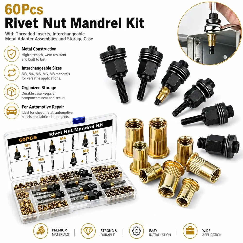 60Pcs Metal Rivet Nut Adapter Set Threaded Interchangeable Mandrels Rivet Nut Assembly Sheet Metal Work Compartment Storage Case