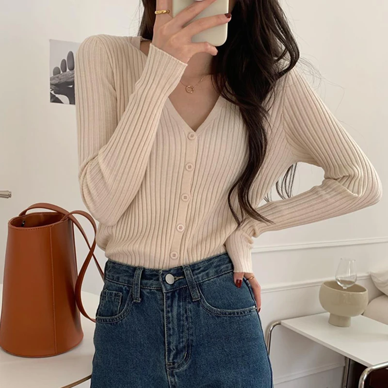 Rimocy Knitted V Neck Sweater Women 2024 Basic Single Breasted Slim Cardigan Woman Solid Color Long Sleeve Cardigan Coat Female