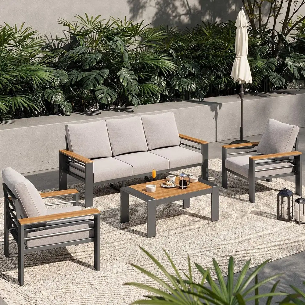 5-Seat Grey Outdoor Sectional Patio Furniture Set with Coffee Table and Cushioned Upgrades