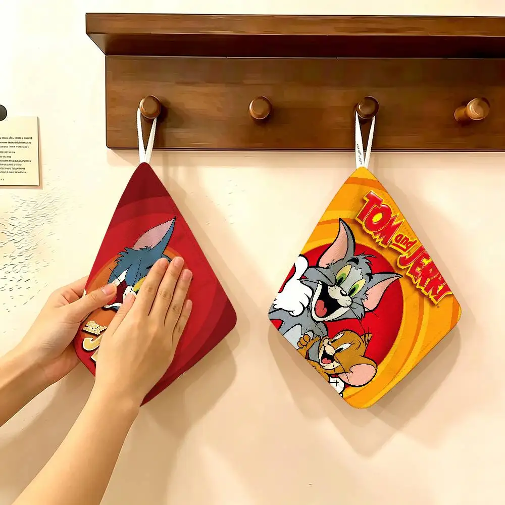 Cartoon T-Tom and J-Jerry Polyester Cotton Hanging Kitchen Towel, Skin Friendly Hand Wiping Towel for Hotel Cafe Household