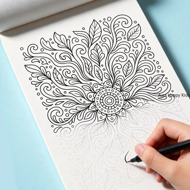 24 Page Adult Themed Coloring and Tracing Book, Featuring Symmetrical Flower Leaves, Mandalas, Space, Flowers, and Other Themes