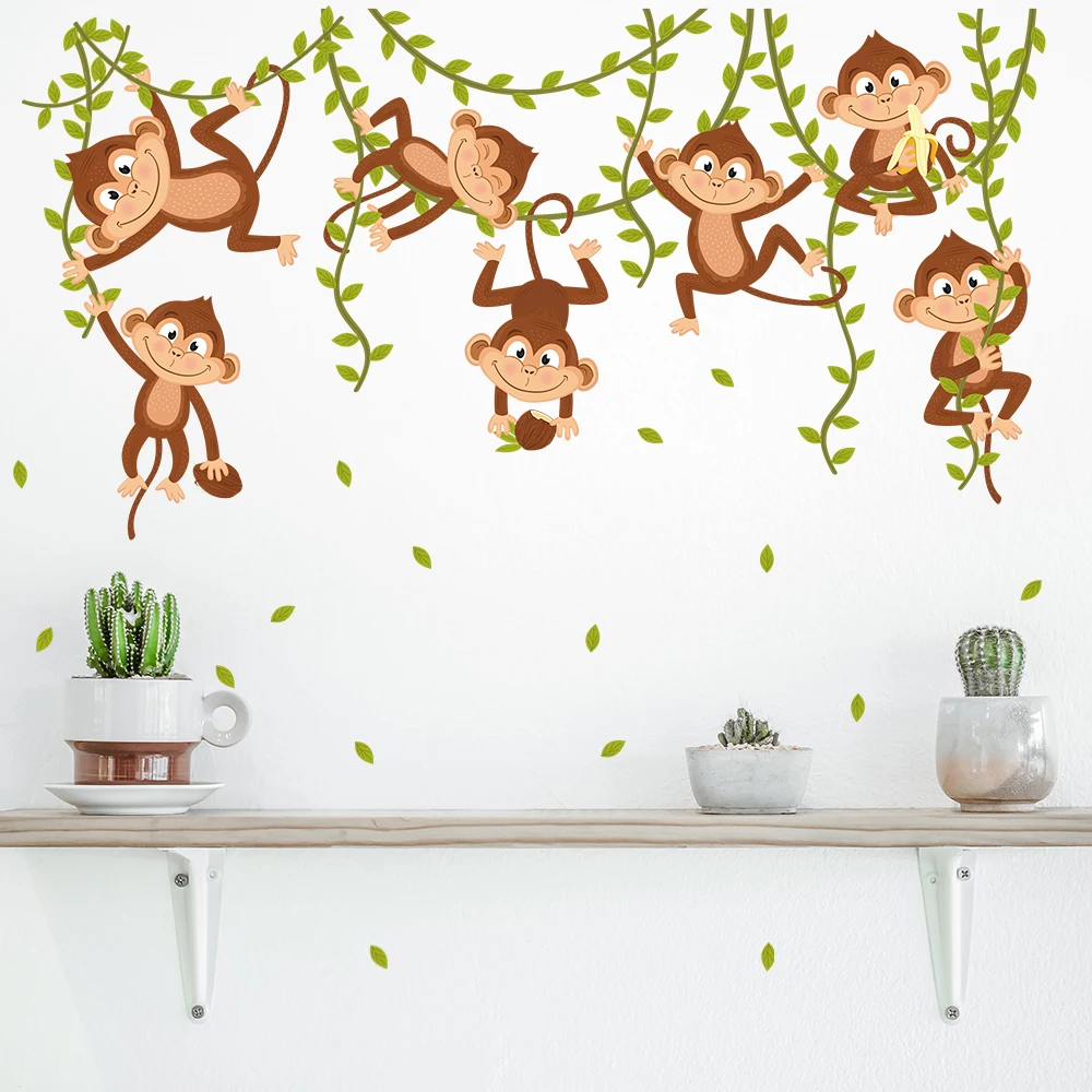 Cartoon Monkey Removable Wall Stickers for Bedroom Backdrop Ceramic tile Decals Removable Window Door Decor Self-adhesive Mural