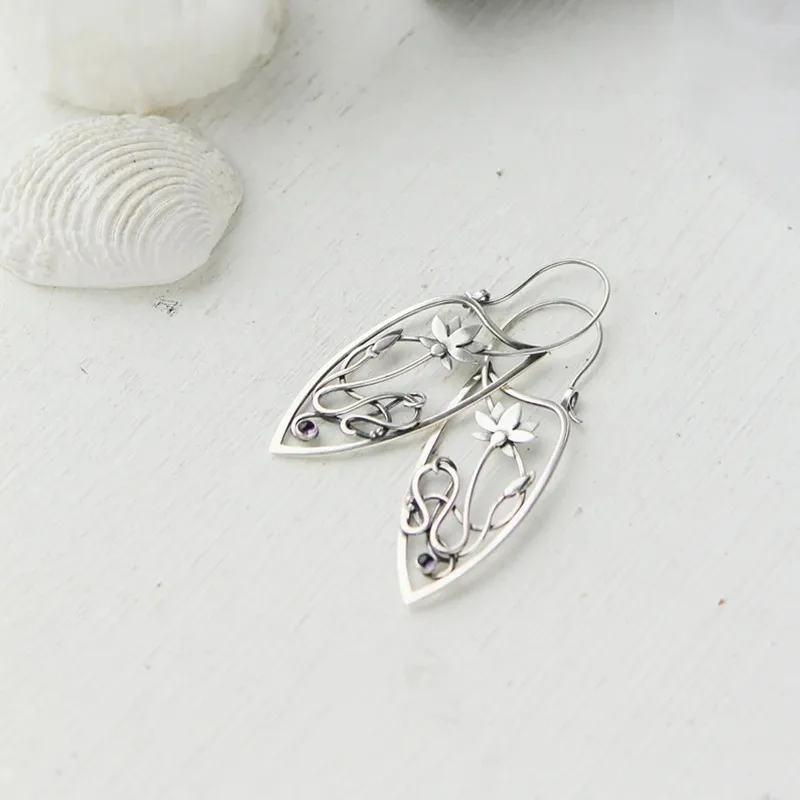 New Lotus Silver Color Earrings Elf Jewelry Fashion Floral Design Ladies Pendant Earrings Gift