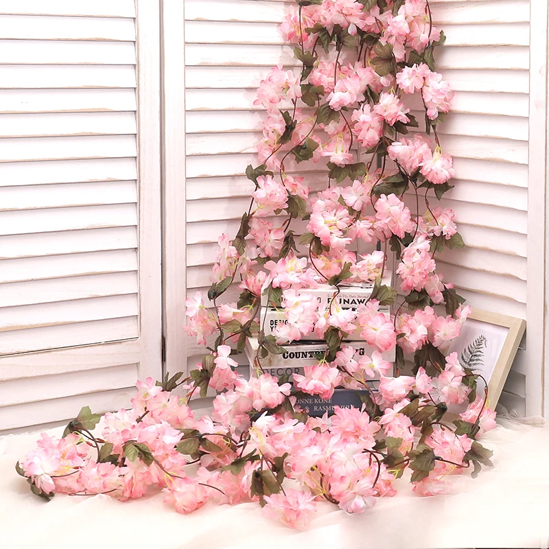 2.3m Artificial Flowers Long Vine Cherry Blossom Hanging  Ivy String Garland Wall Rattan Cheap Wedding Home Decor Fake Plants