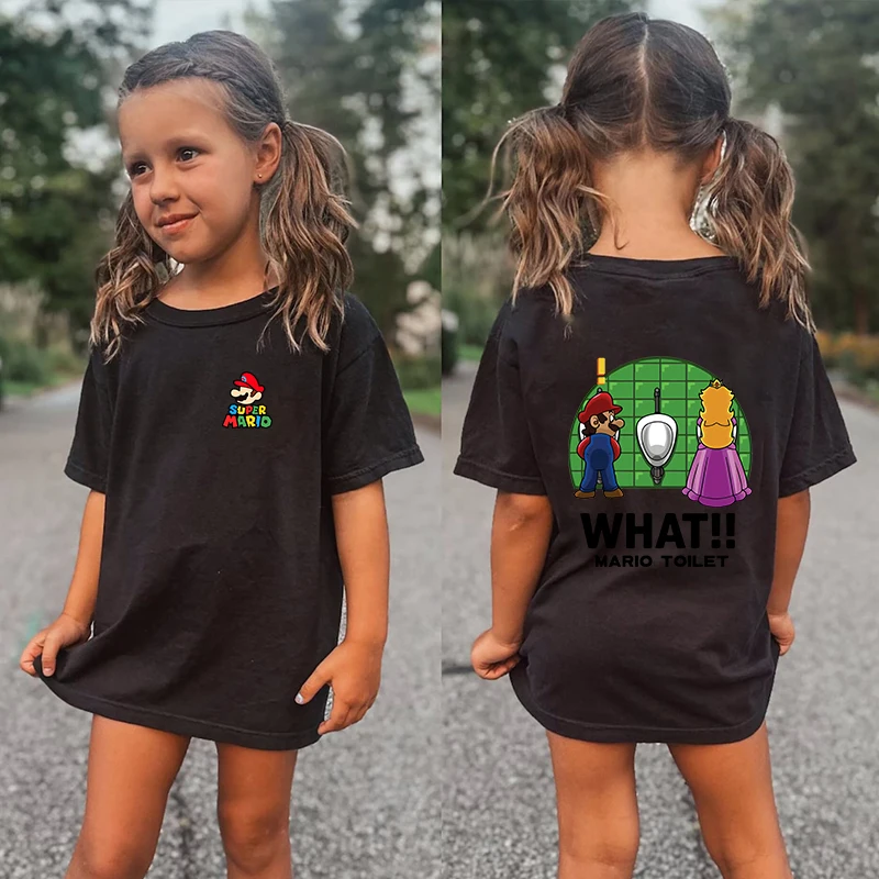 Mario printed kids T-shirt Summer children's cotton short-sleeved suitable for boys and girls Black casual tops