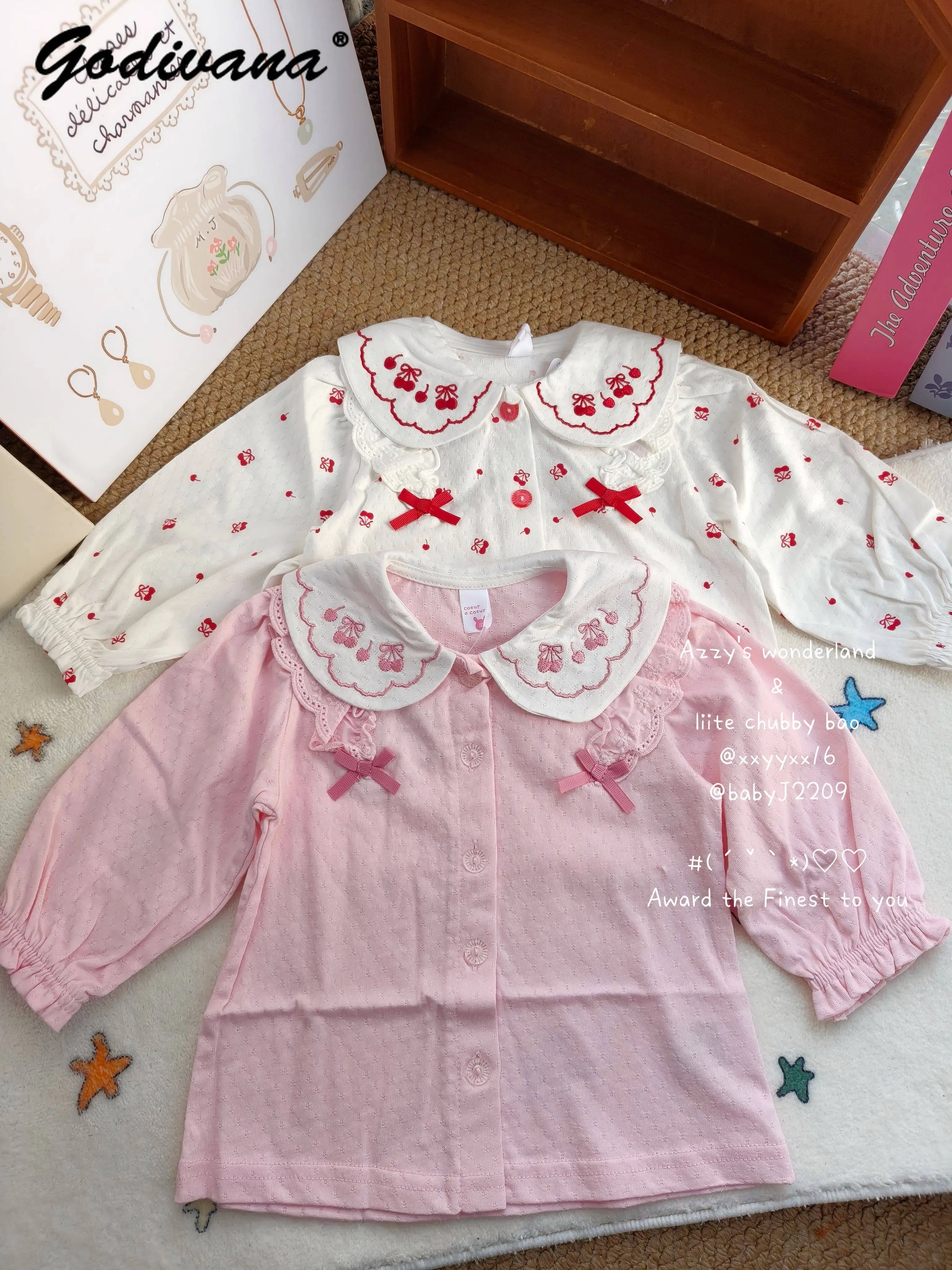

Sweet Baby Girls Japanese Cartoon Cherry Embroidery Doll Rabbit Collar Cardigan Girls 2026 Spring and Autumn Long Sleeves Blouse