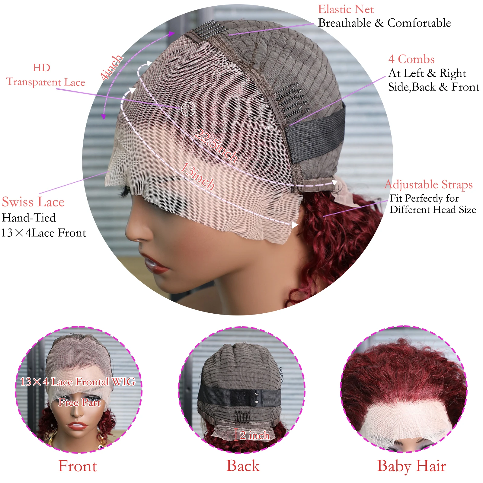 ウォーターウェーブ 13x4 レースフロント 人毛ウィッグ オンブレブロンド 99J バーガンディブラウン ジンジャー 人毛ウィッグ ショートボブ レミー カールウィッグ 200%