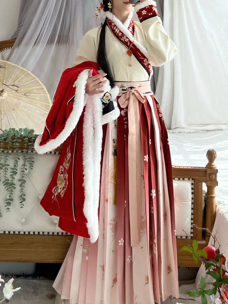 

Древняя китайская улучшенная версия Hanfu, женская двусторонняя длинная рубашка с воротником, плиссированная юбка, новогодняя вечеринка, повседневный плюшевый костюм для свиданий