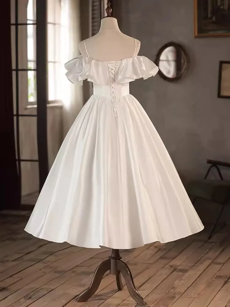 Customized Simple Women Wedding Party Dresses Ruffle Neck Puffy Tea Length Bride Bridal Gown Birthday Party Prom Formal Wear