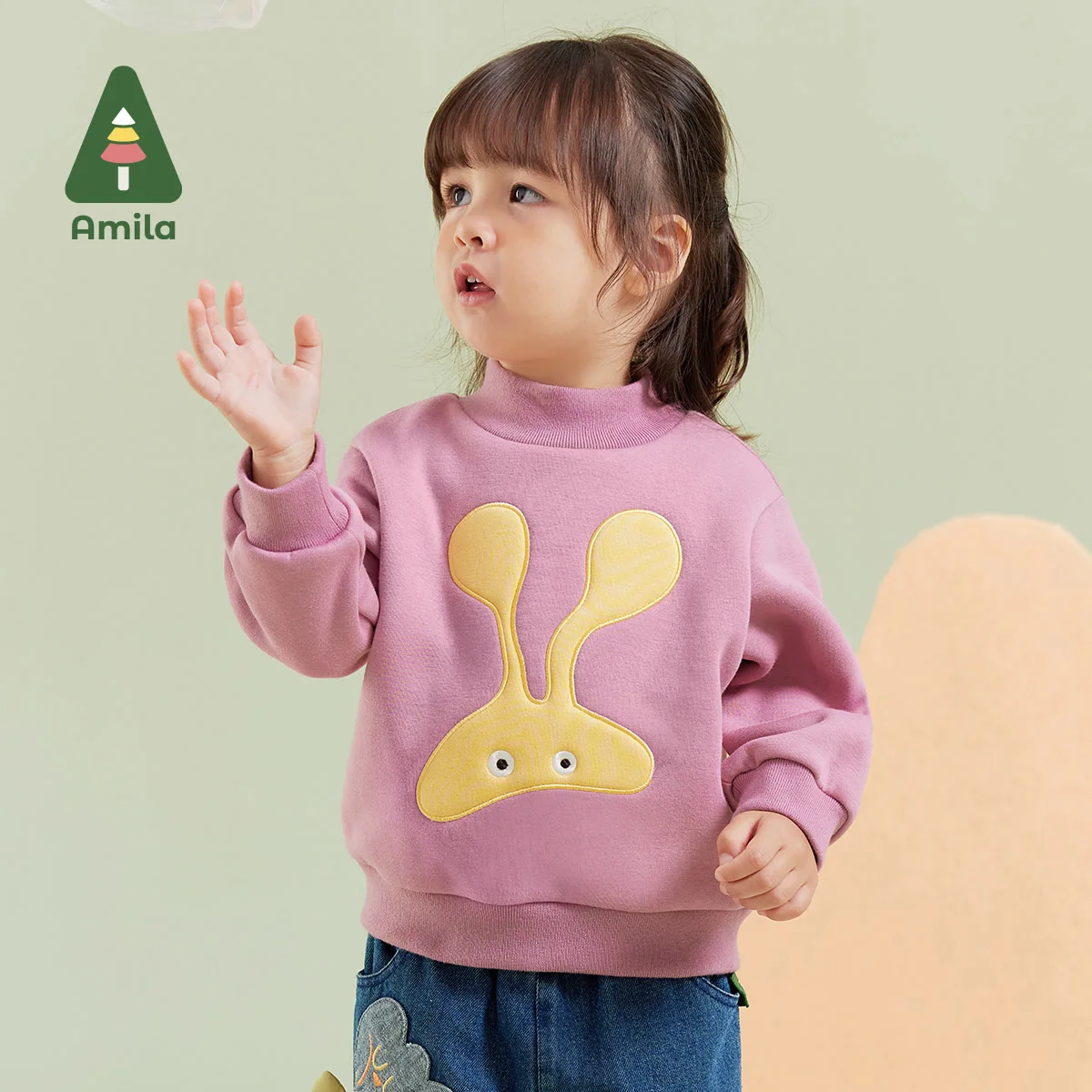 

Amila Baby Children Hoodie 2024 Winter New Multicolour Mock turtleneck Fleecing Embroider Cute Baby Clothing