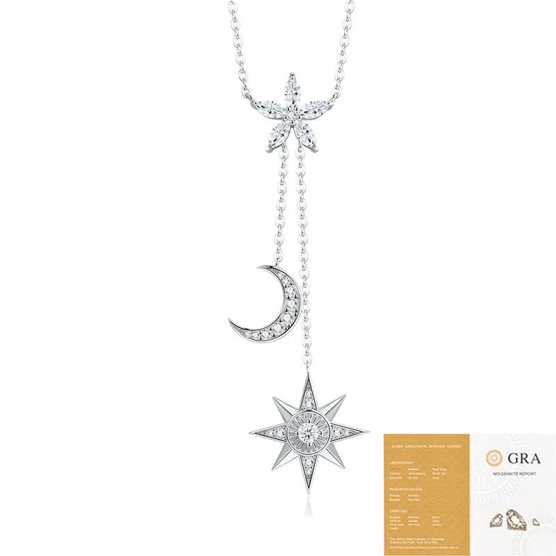 

Ожерелье из стерлингового серебра 925 пробы со звездой и луной с кисточкой и муассанитом, сертификат GRA, висячие украшения