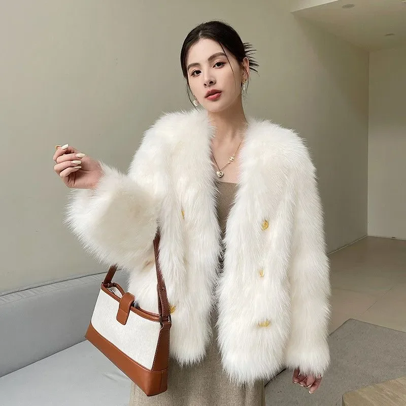 Elegant Womens Imitate Fox Furs Coats Loose New V Neck Plush Jackets Autumn Winter Warm Outerwear Korean Faux Fur coat