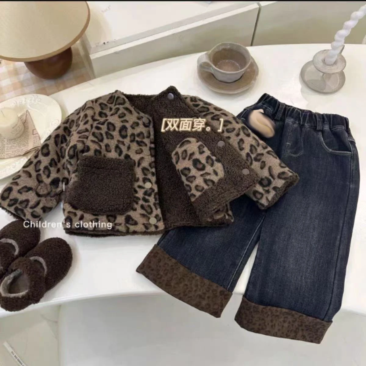 Fashion Winter Warm Thick Kids Cotton Girls 2pcs Sets Plus Velvet Thick Leopard print Coat Jacket Jean Pants Streetwear Suit