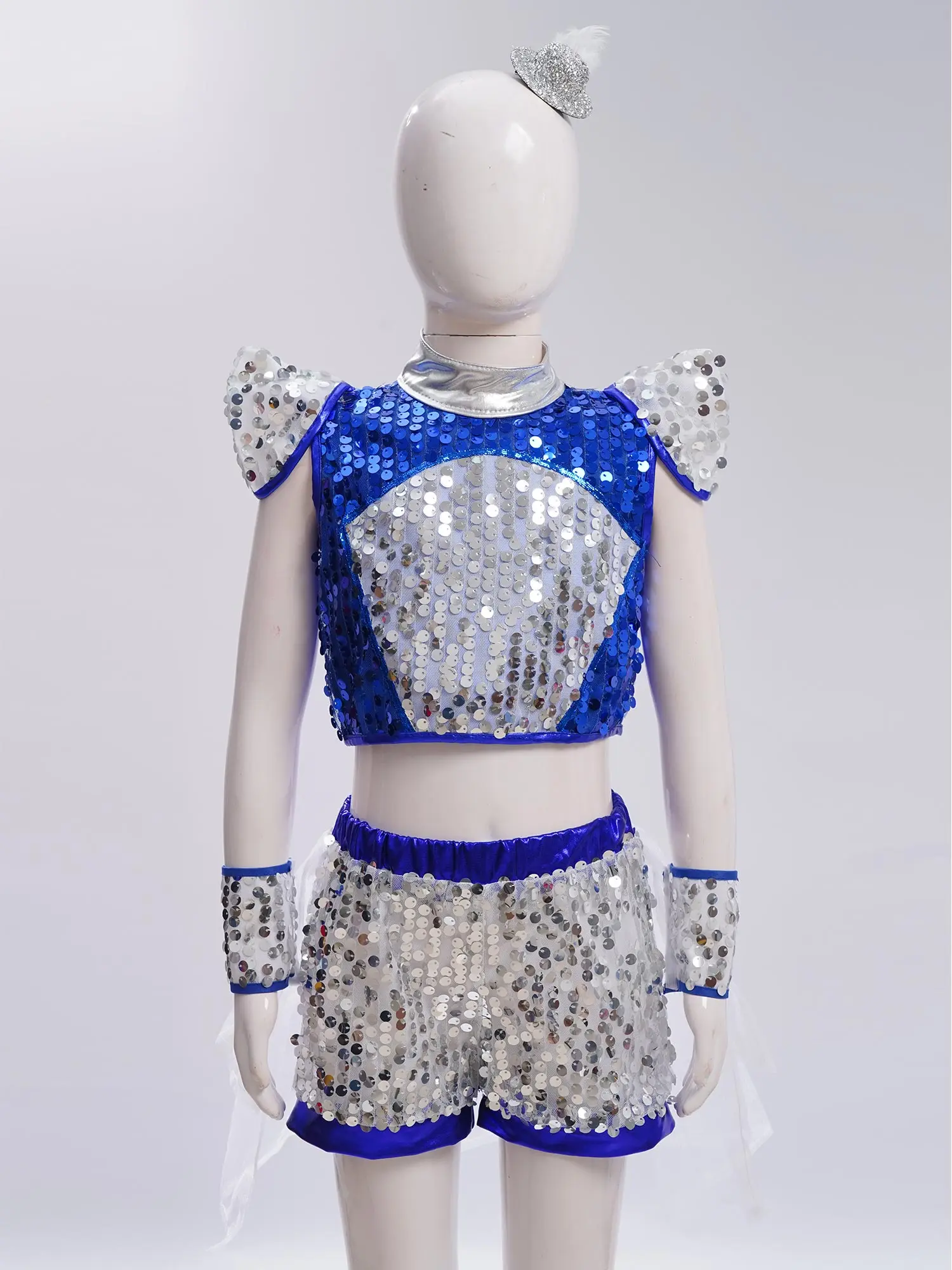 

Kids Girls Hip Hop Jazz Dance Outfits Two Pieces Sequins Dancewear Sets Crop Top with Skirted Shorts Children Party Costumes