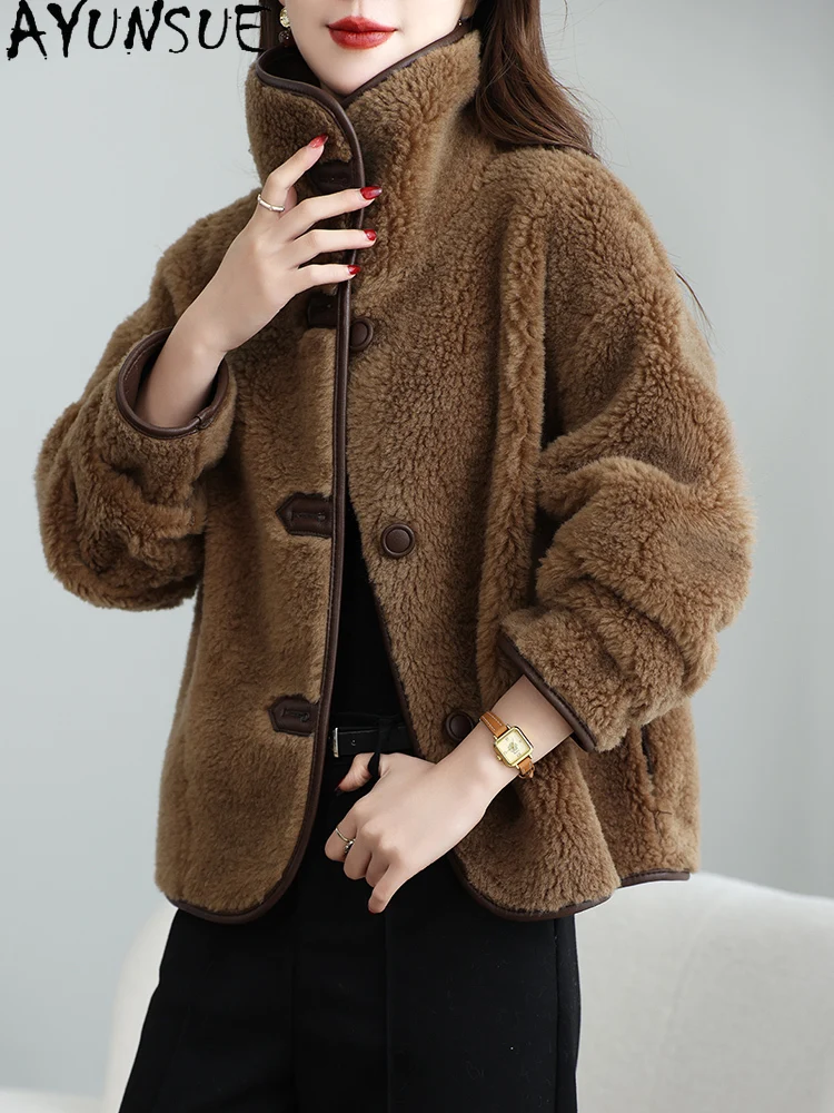 AYUNSUE 100% manteau de laine femmes 2025 vêtements d'hiver femme fourrure intégrée Пajiто Жletiе nouveau dans les manteaux moto et veste de motard