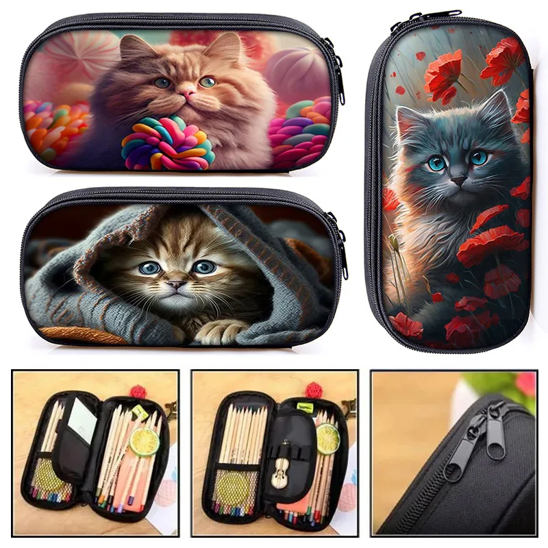 Kawaii Kitten Print Pencil Case Felinae / Ragdoll Cat Cosmetic Bags For Teenager Casual Pencil Box Women School Cases Supplies