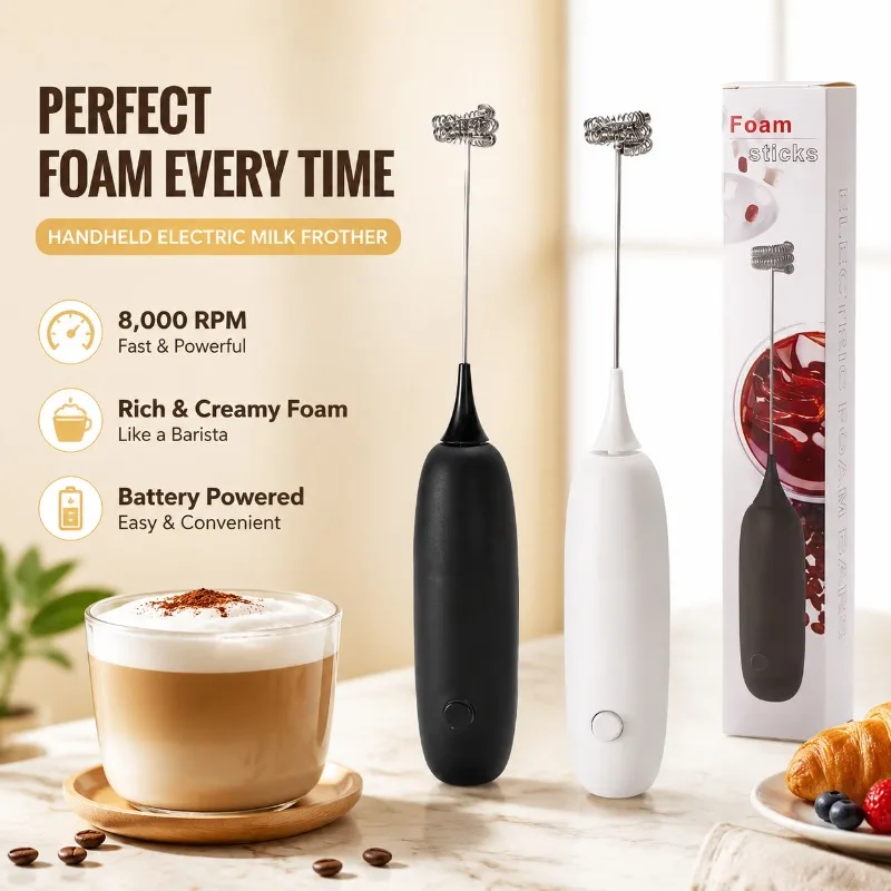 Handheld Electric Milk Frother, 8000 RPM Coffee Foam Maker, Egg Beater Stirrer for Home Kitchen Baking, Battery Powered, Energy