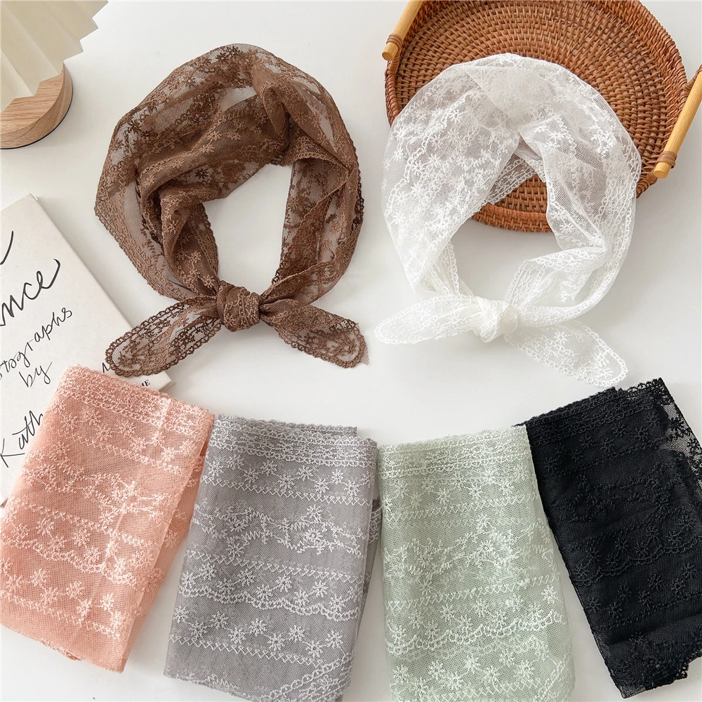 Transparent Lace Hollow Scarf Triangle Head scarf Ladies Elegant Hair Bands Bandanas Women Girl Bows Neck scarf Headband