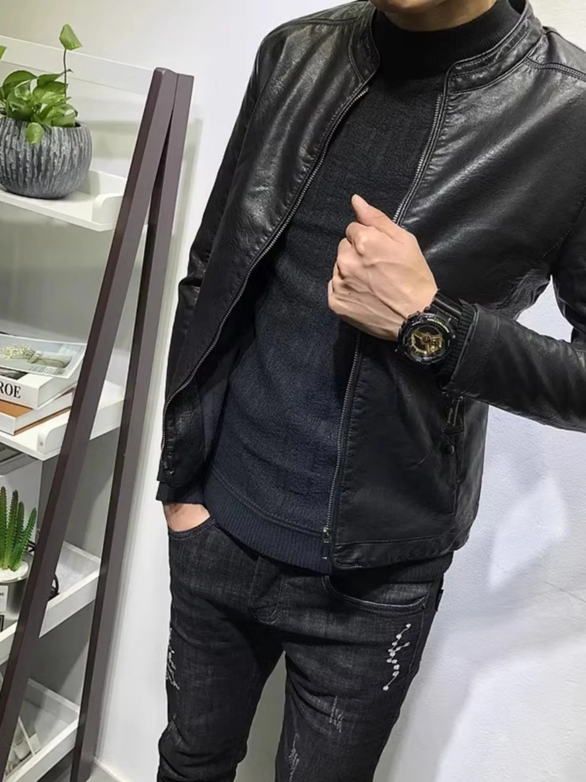 

Облегающий однотонный тюнер из искусственной кожи, весенне-осенний мотоциклетный мотоциклетный джет с воротником-стойкой, модный уличный джинт