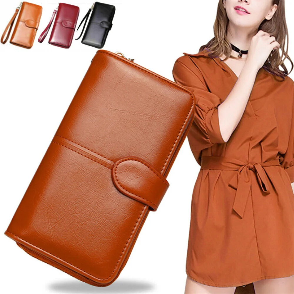 Women Long Wallet Oil Wax Leather Coin Purse Handbag Retro Large Capacity Phone Pouch Card Holder Clutch Zipper Buckle Money Bag