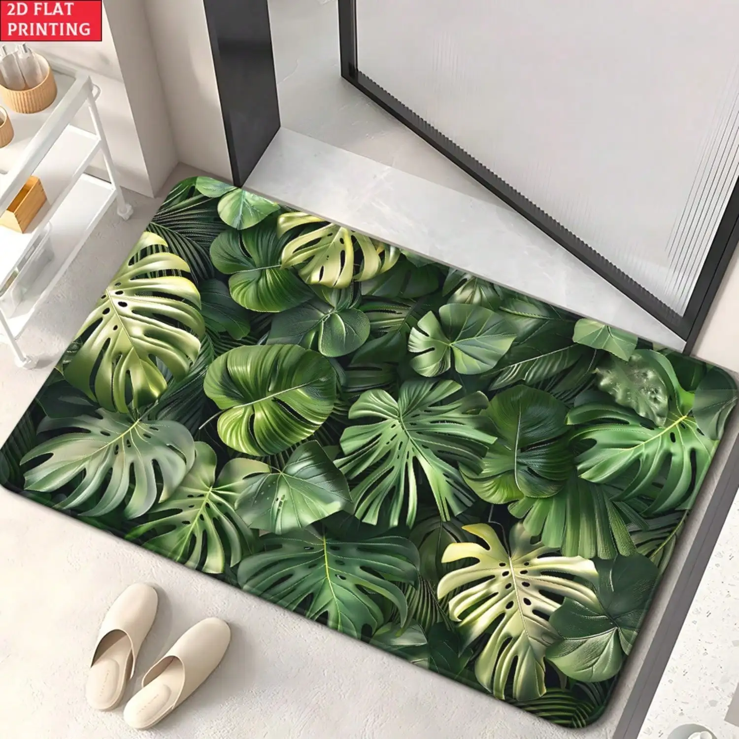 A Single Piece Of 2D Flat Monstera Deliciosa Design Door Mats Made Of Material, Featuring A Non-Slip Surface Suitable For Bathrooms. This Microfiber Rug Is