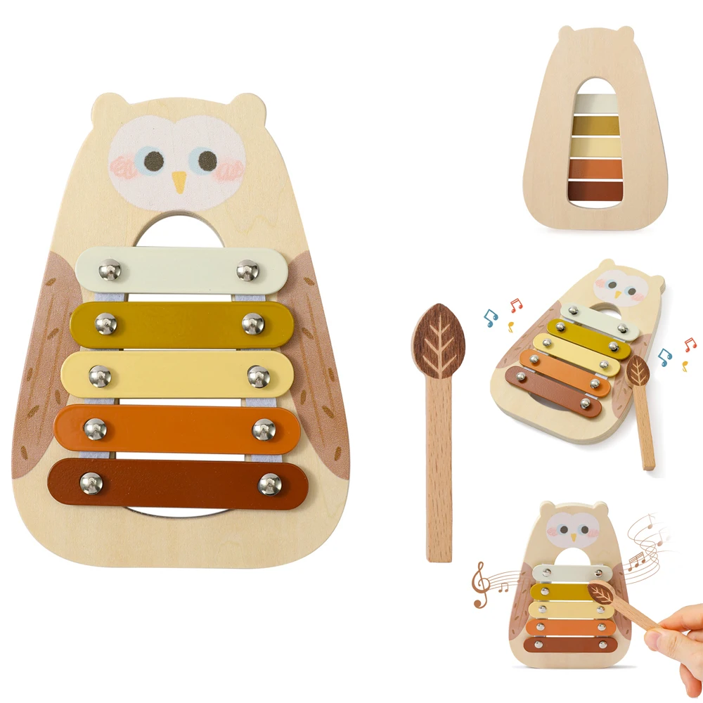 Wooden Owl Xylophone Toy with 5 Color Scale Bars and Mallet Musical Instrument Early Education Fine Motor Skills Baby Toys Gifts