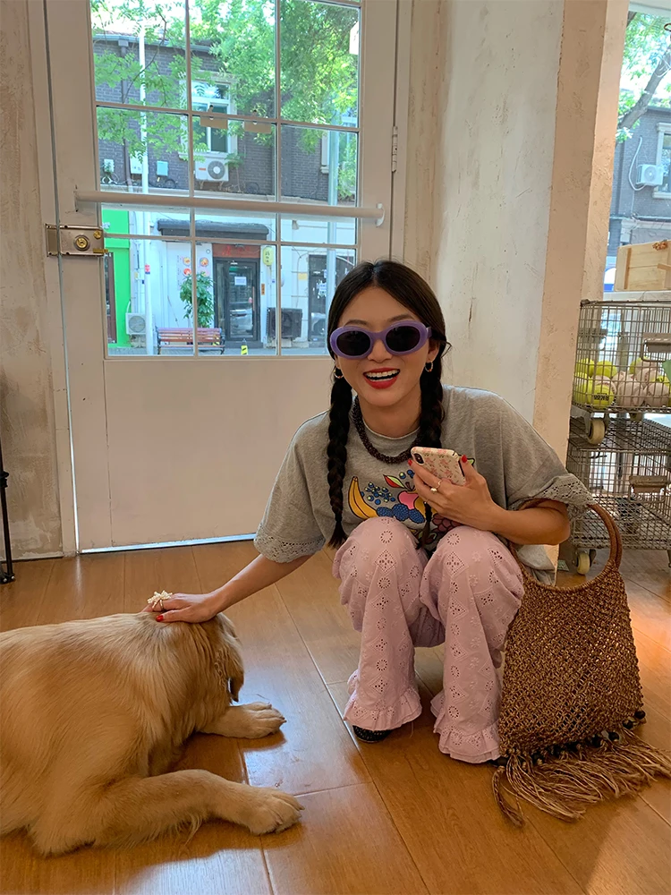 

Lace Hollow out Thin High Waist Wide Leg Pants Women's Summer New Sle Cotton Casual Trousers Original Design Long Pants