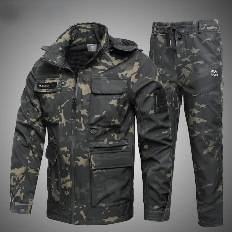 Winter Tactical Sets Men Military Shark Skin Soft Shell Hooded Jacket+Windproof Cargo Pant 2 Pcs Suits Winter Fleece Warm Set