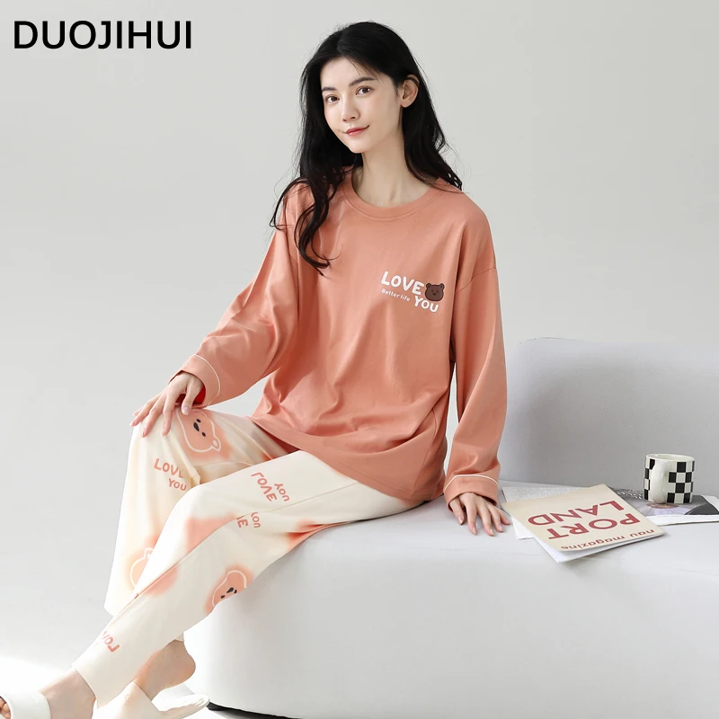 DUOJIHUI Fashion Print Loose Casual Home Pajamas Set Autumn New Simple Pullover Loose Pant Chic Pocket Sweet Female Pajamas Set