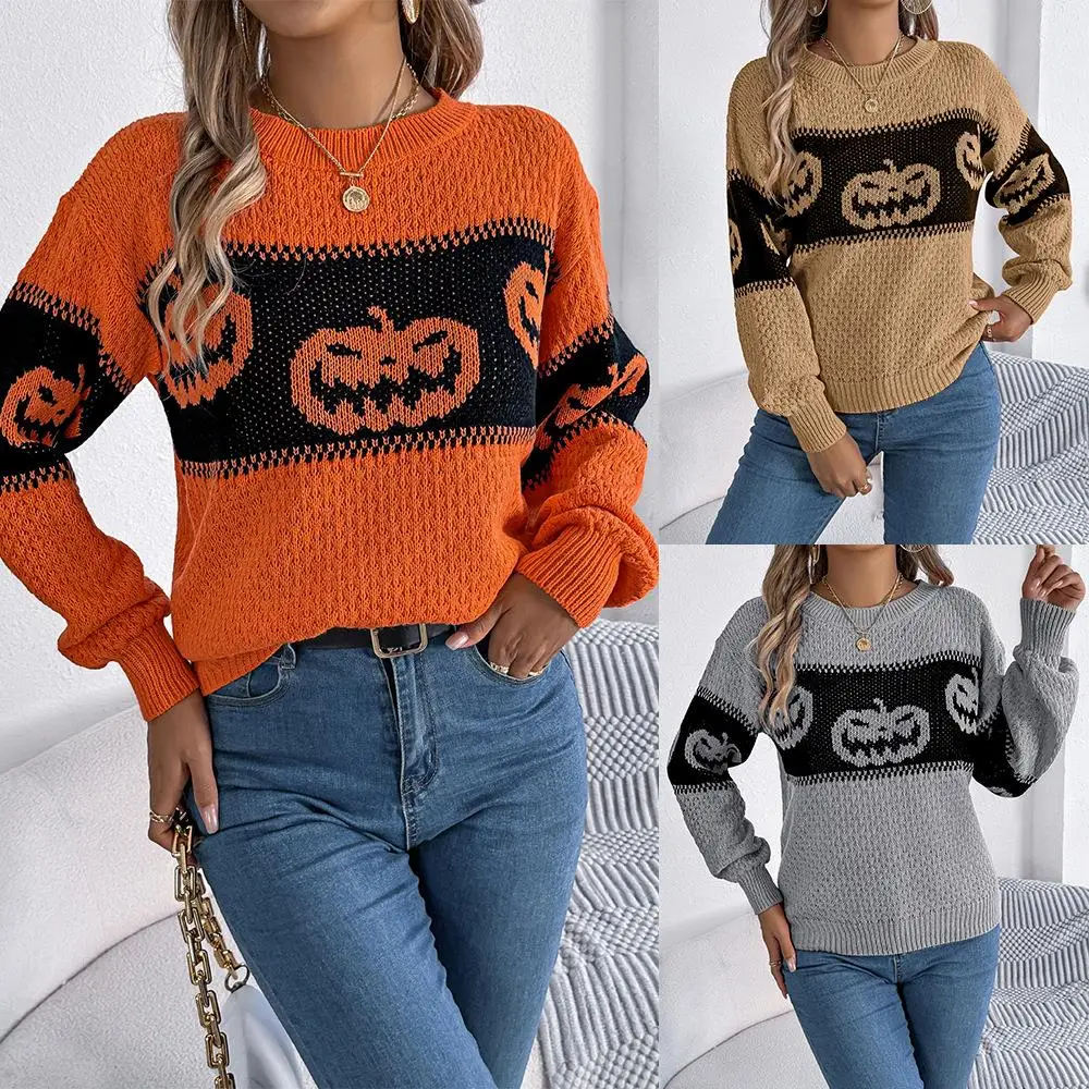

Autumn Winter loween Theme Pumpkin Head Color Blo Long Sve Overhead Sweater Cross-Border Women's Faion Knittedwear