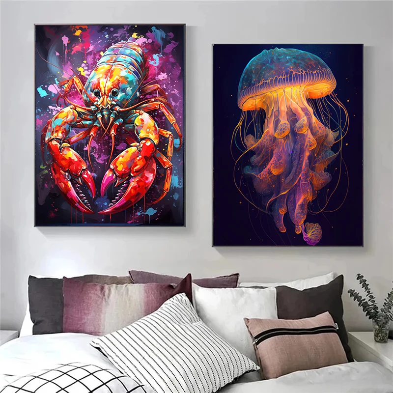 Colorful Ocean Wild Life Shark Seahorse Octopus Turtle Posters Canvas Painting Abstract Animal Wall Art Living Room Home Decor