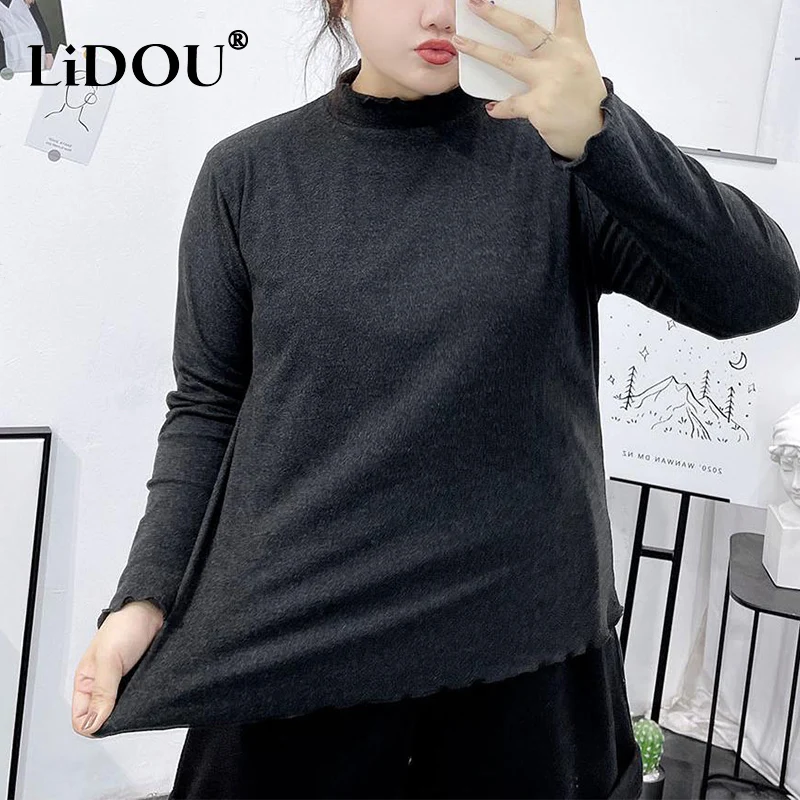 2023 New Sports Chic Fashion Undershirt Harajuku Half Turtleneck Plus Size T-shirts Lace Solid Color Long Sleeved Top Woman