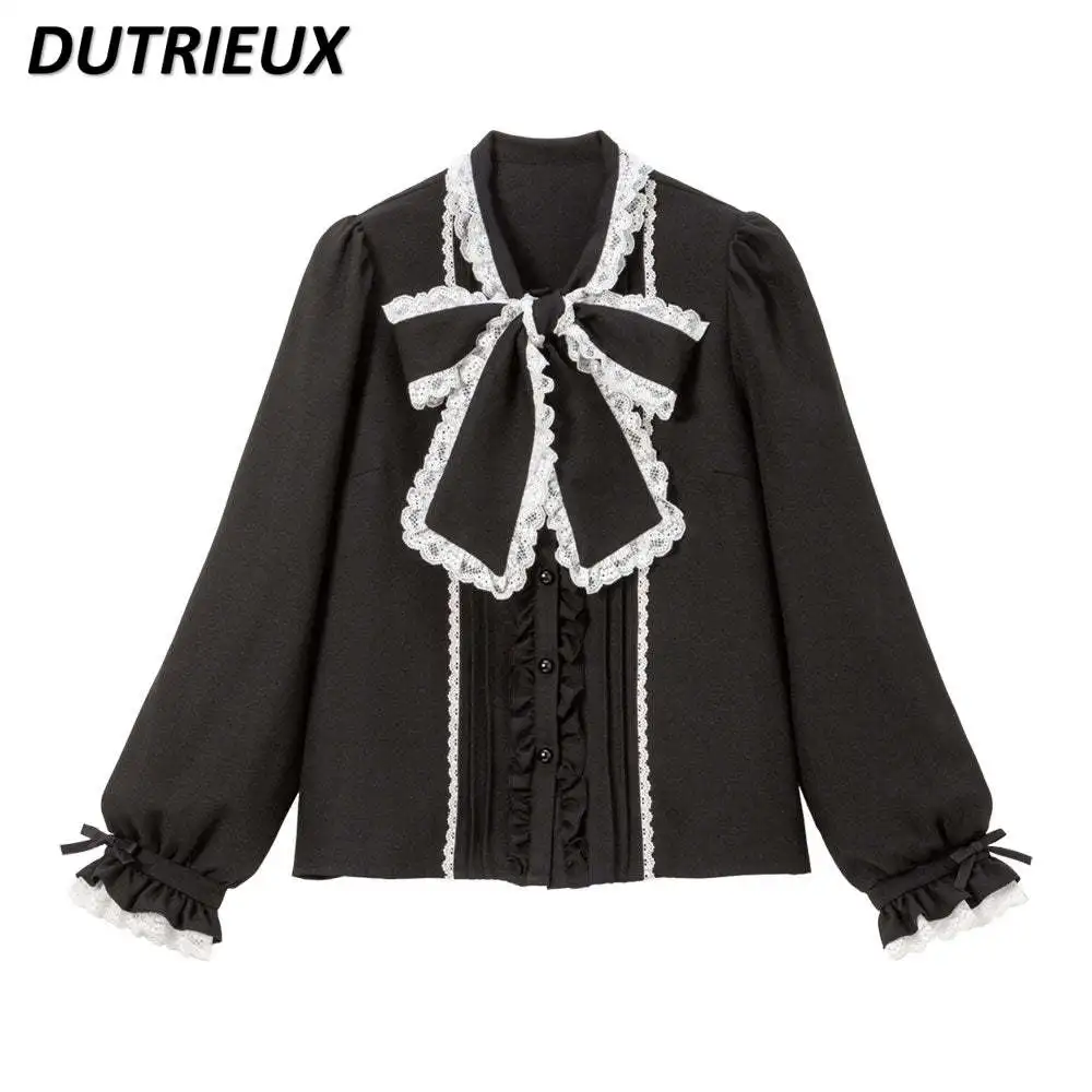 New Cute Japanese Style Sweet Cute Blouse Long Sleeve Lace Edge Lolita Tops Heavy Industry All-Matching Bottoming Shirt