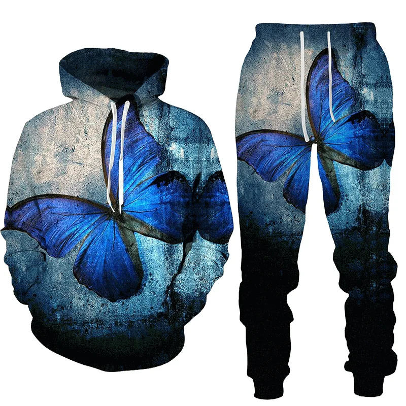 3D Butterfly Printed Men\'s 2-piece Outfits Casual Men Women Hooded Sweatshirt Suit Autumn Oversized Fashion Tracksuit Pants Sets