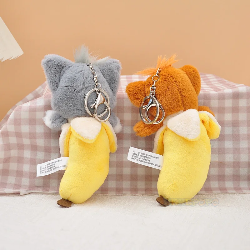 พวงกุญแจตุ๊กตากล้วยทอมแอนด์เจอร์รี่14ซม., พวงกุญแจน่ารักแปลกใหม่จี้ตุ๊กตาหนานุ่มตุ๊กตาแมวทอมตุ๊กตาคู่ของขวัญ