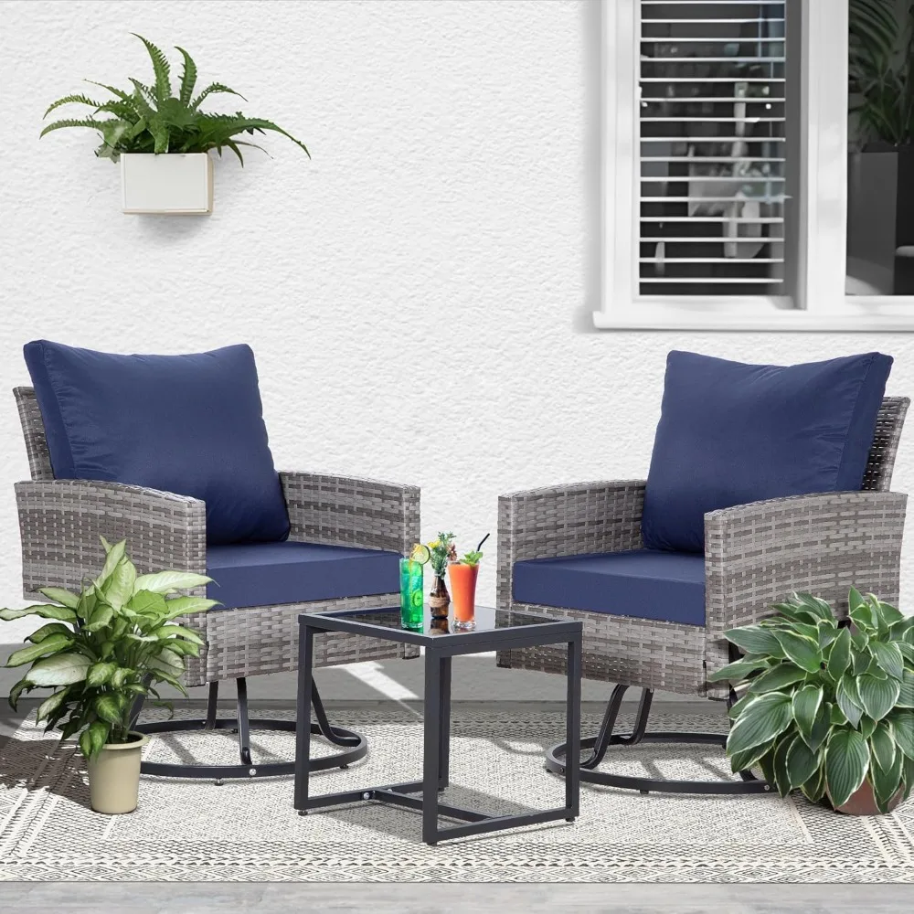 

3 Piece Patio Furniture Set, Outdoor Swivel Patio Chairs Set of 2, Wicker Apartment Balcony Furniture Set with Thick Cushions fo
