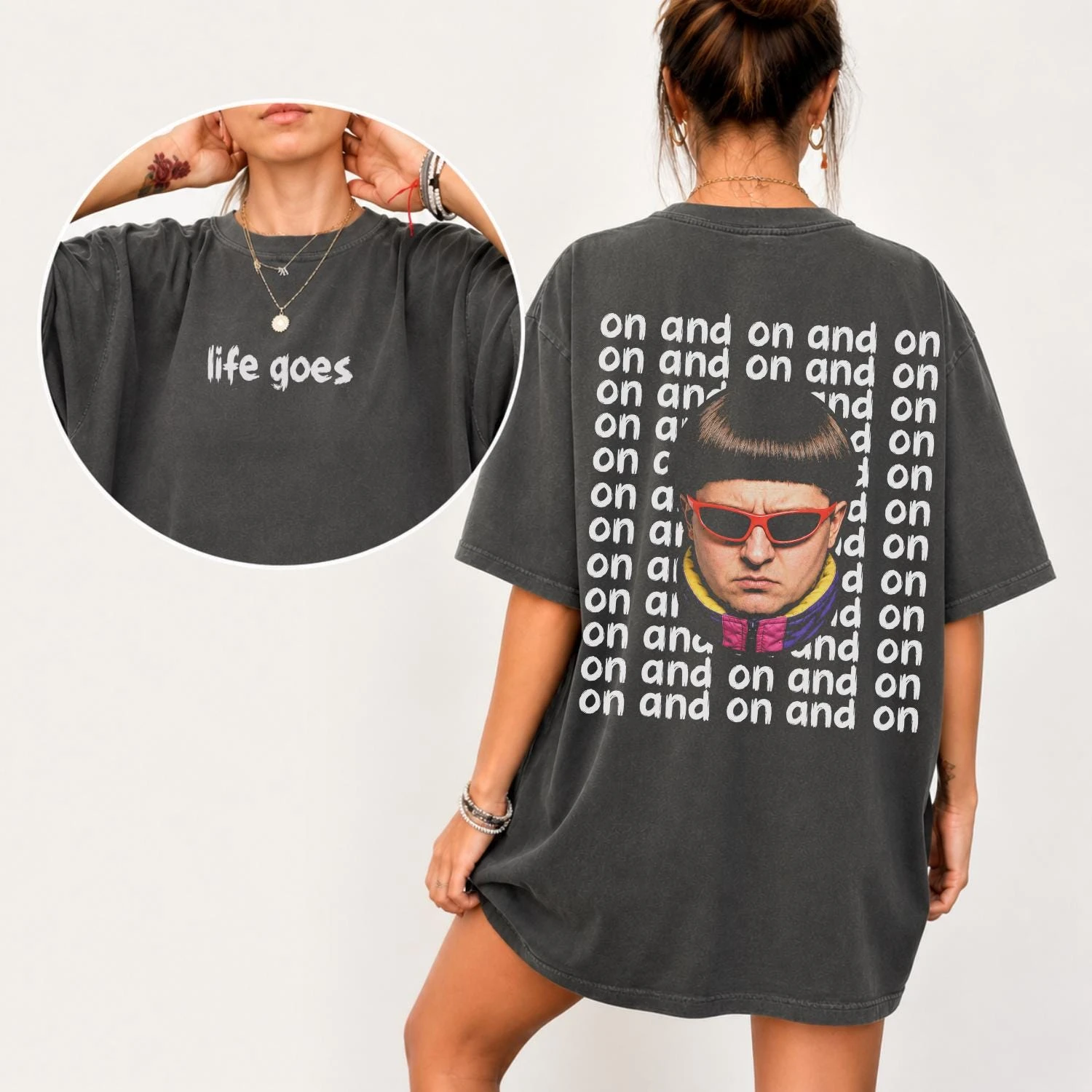 T-shirt Oliver Tree « La vie continue » à motif imprimé en pur coton, style Y2K pour fans de musique, collection été 2026, vêtements streetwear homme et femme