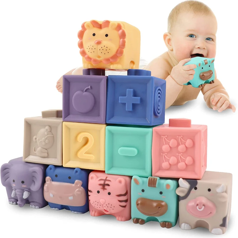 Anneau de dentition sensoriel en Silicone 3D pour bébé, jouets de construction, blocs de préhension, boule souple, Cube de bain en caoutchouc pour enfant