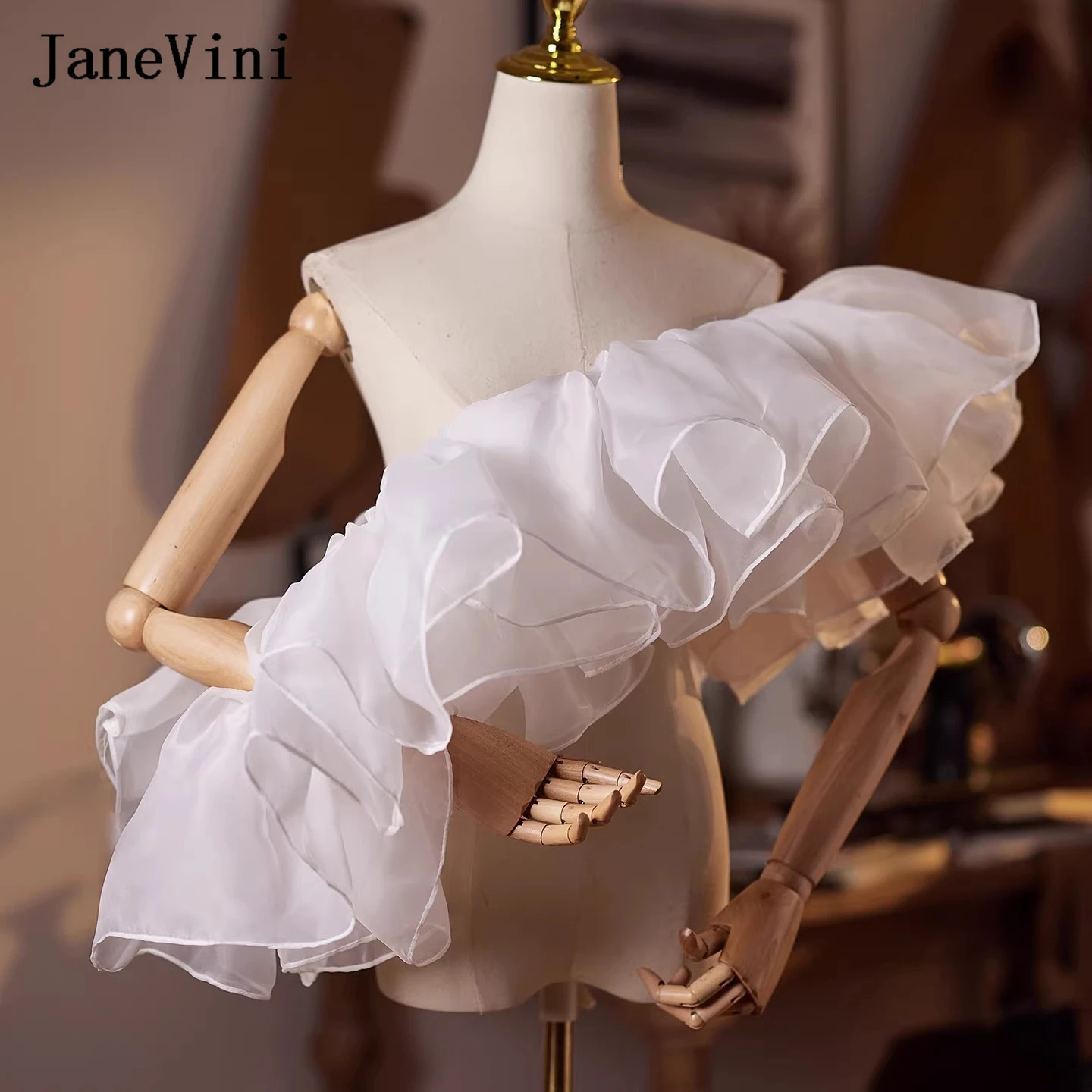 

JaneVini Fluffy White Organza Wedding Bolero Hochzeit Bride Ruffles Cape Fashion Women Party Shawl Wrap Shrug Bridal Accessories