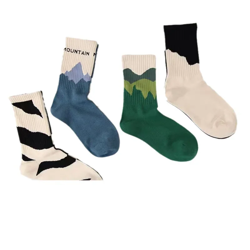 4 Pairs Women Letter and Colour Block Crew Mountain Letter Pattern Socks Cute Funny Sock