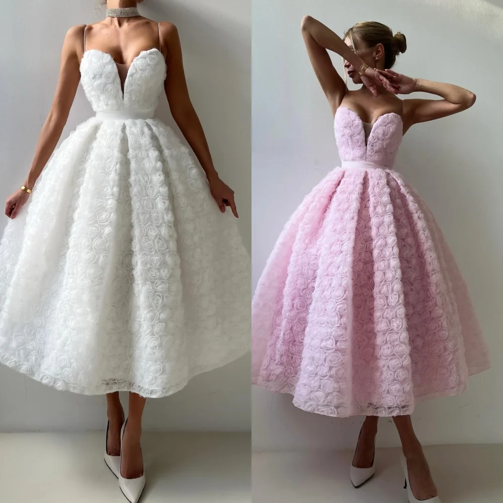 

Customized Matching Sizes Available Pleat Flower A-line Spaghetti strap Midi Dresses Bespoke Occasion Dresses Sizes Available