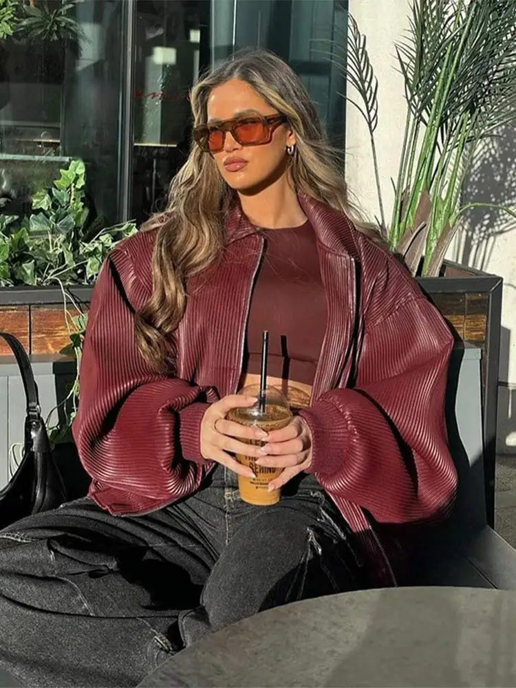 Chic Wine Red Women\'s Corduroy Zipper Leather Jackets Casual Lapel Pockets Oversized Coat 2024 Lady Autumn High Street Outerwear