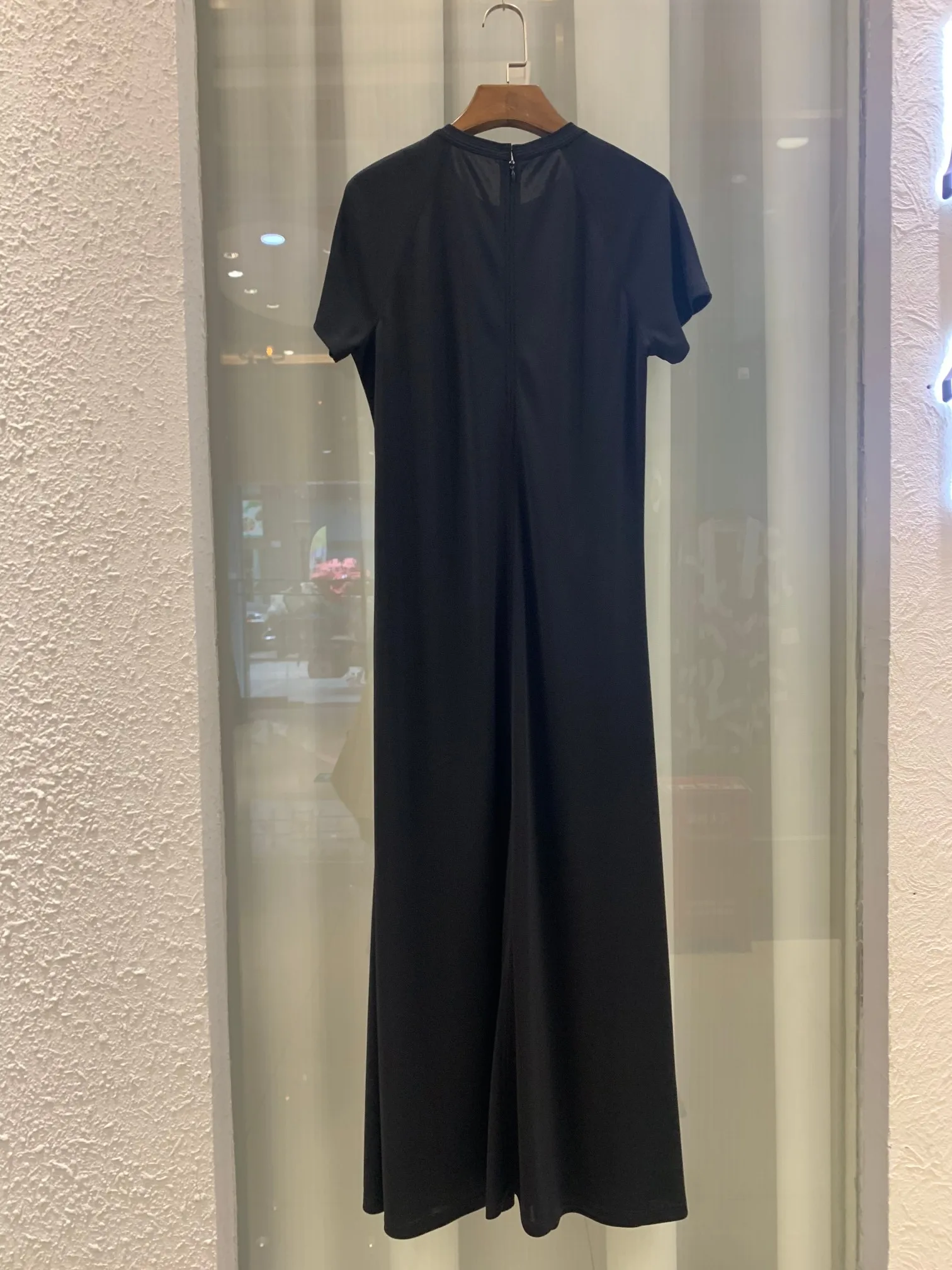 Stretch knit long dress simple temperament commuter inserted shoulder round neck short sleeve women's dress 2024 summer new