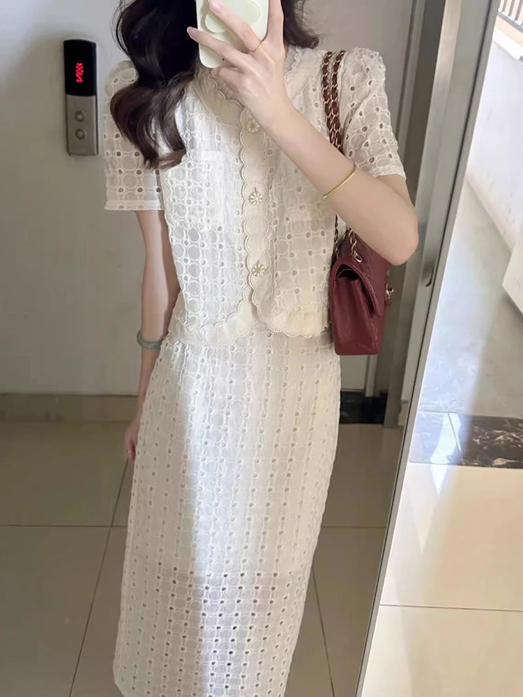 

Ele Summer ort Sve кружевная блузка с цветочным принтом и высокой талией, утягивающая юбка, комплект, женский модный костюм из двух предметов