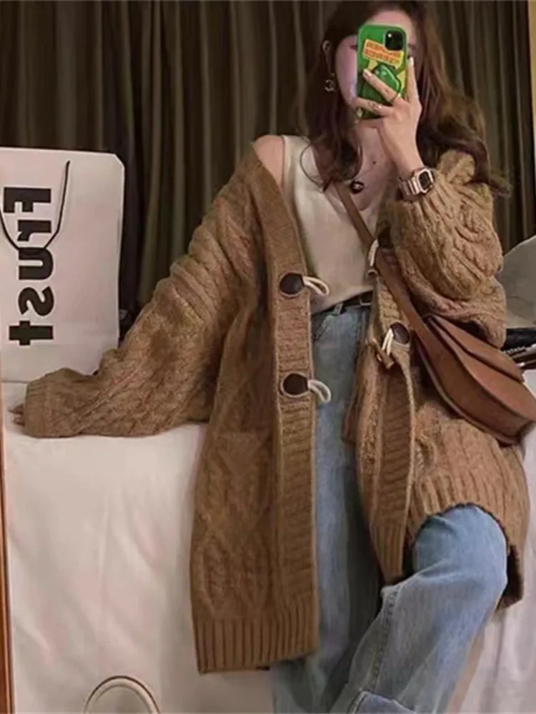 Slouchy Versatile Sweater Cardigan Medium Long Loose Slim Knitted Cardigan Thickened Fried Dough Twists Sweater Coat Women