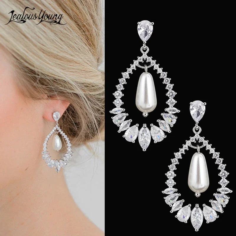 Bling Cubic Zirconia Luxury Big Long Dangle Pearl Wedding Earrings for Women Elegant Party Bridal Jewelry