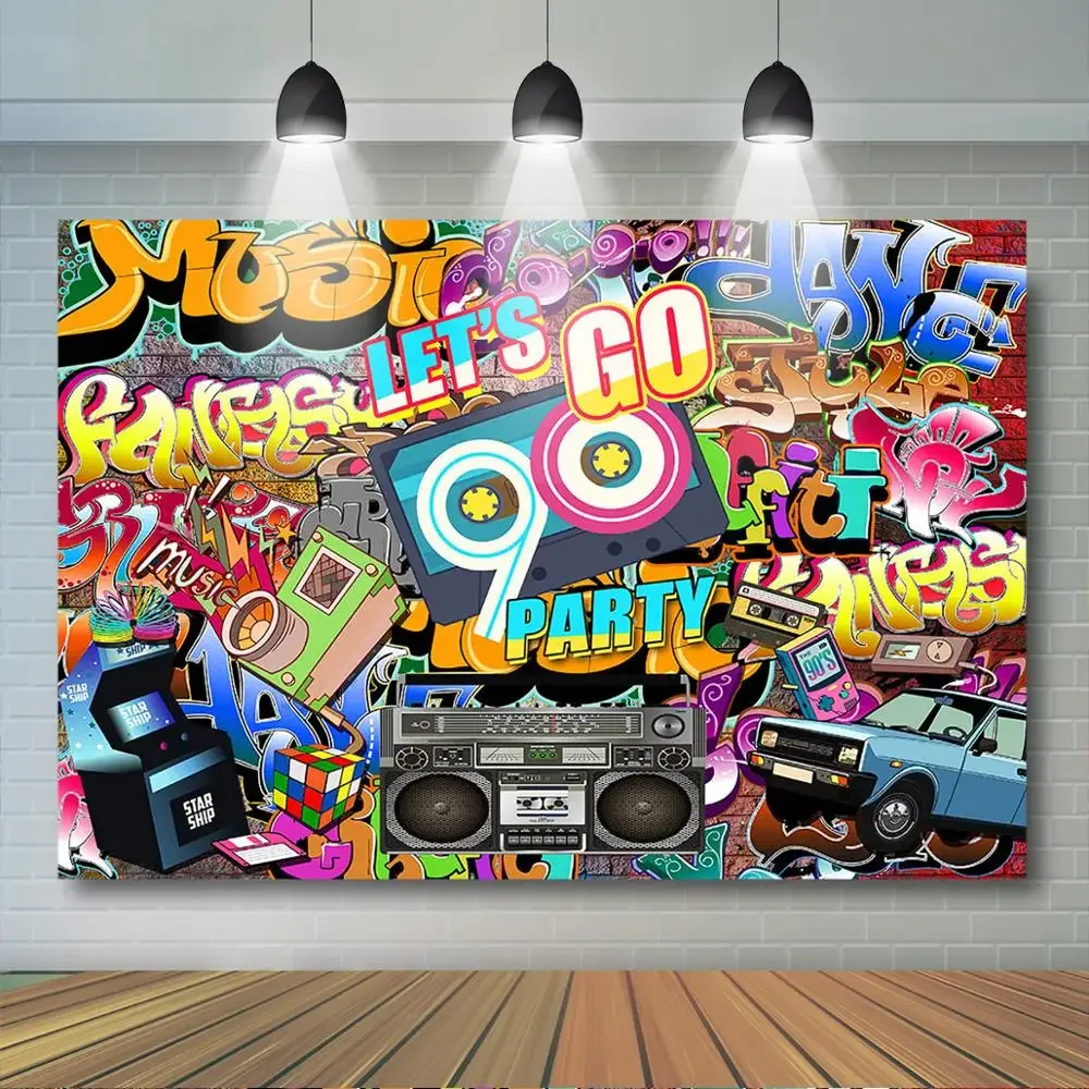 Hip Hop 90's Themed Party Backdrop Graffiti Back to 90s Photography Background Rock Punk Music Retro Adult Birthday Banner