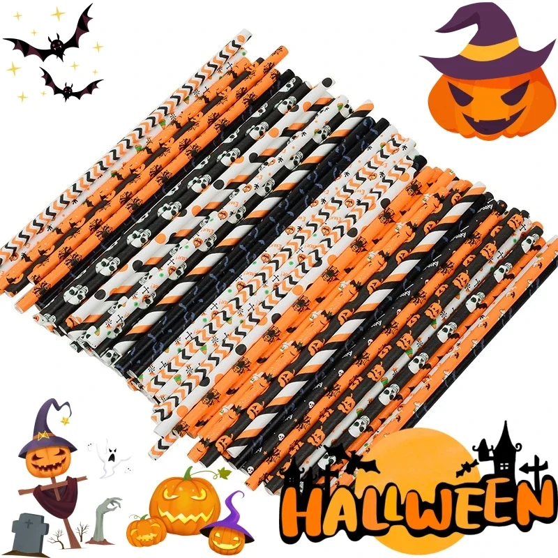 50pcs Party Paper Straws Drinking Halloween Biodegradable Pumpkin Witch Bat Spider Web Skeleton Pattern Halloween Party Supplies